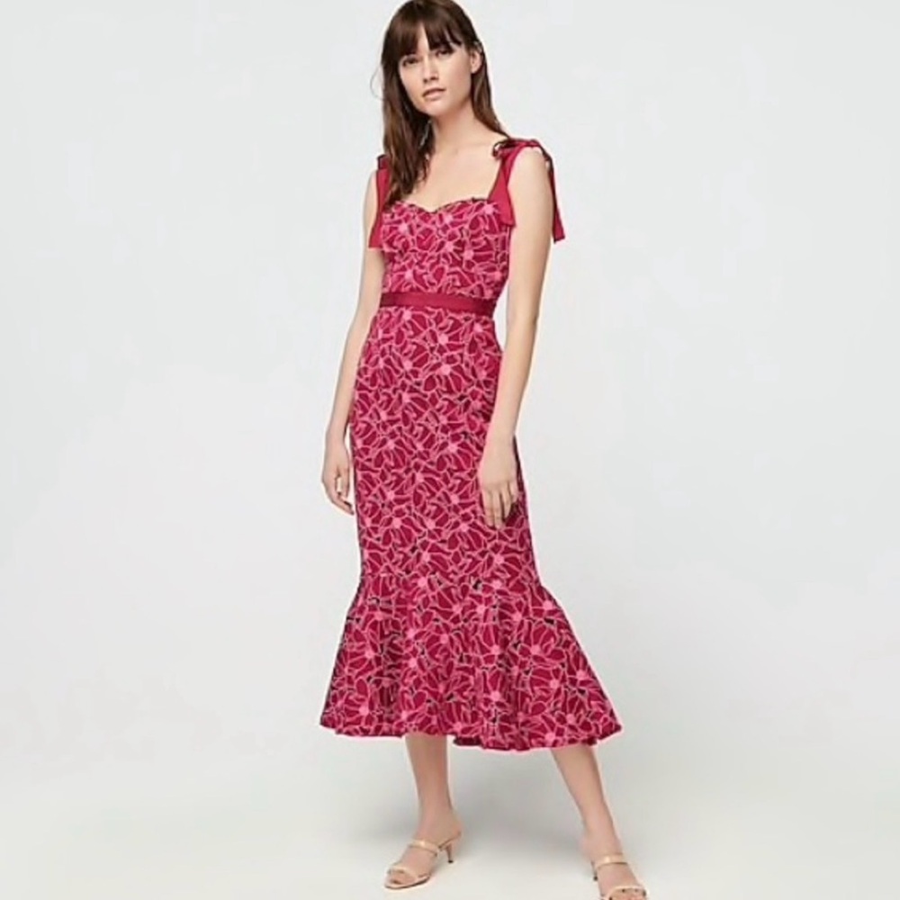 J Crew Red Pink Eyelet Lace Midi Dress Size 16 NWT